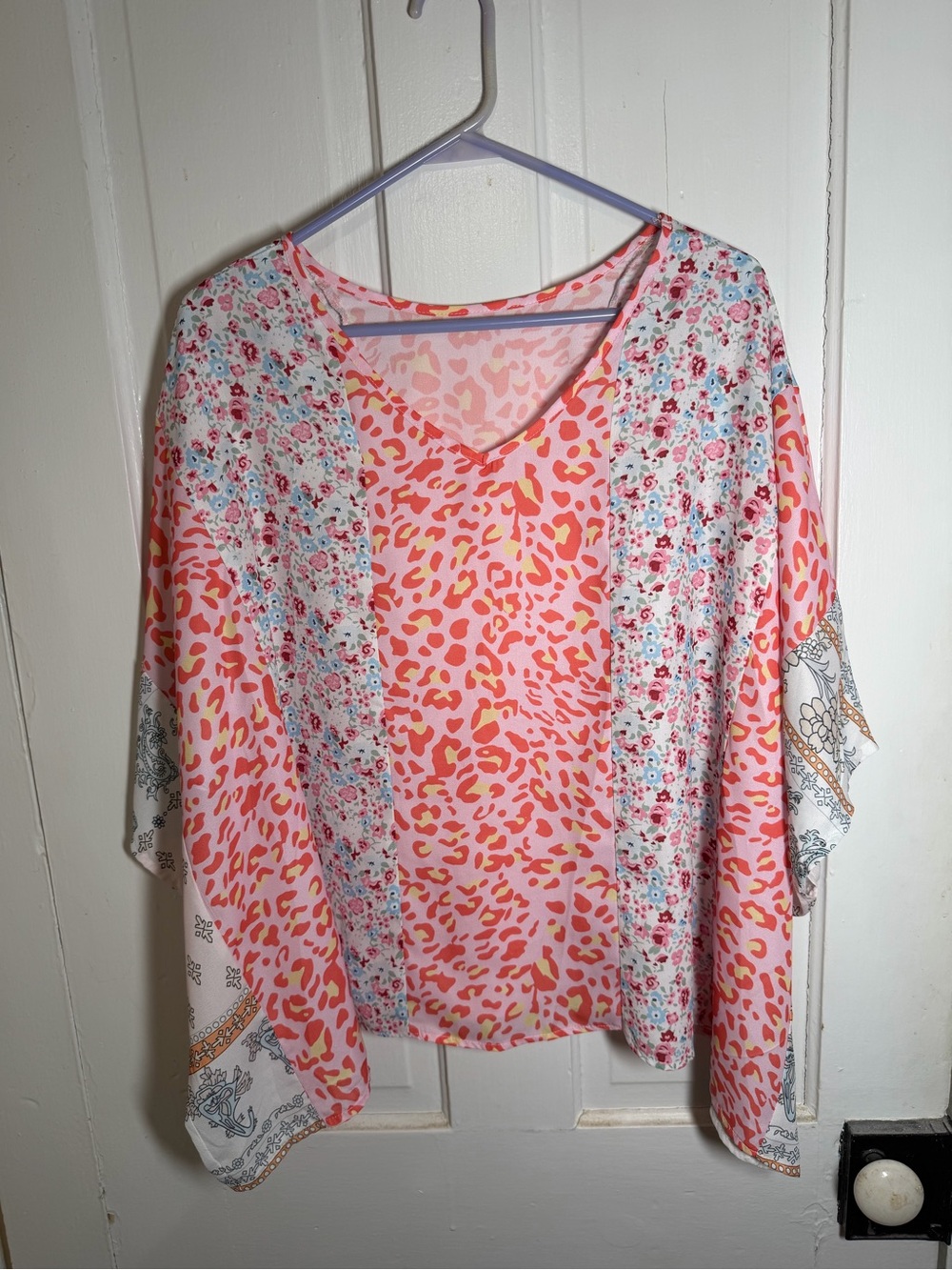 Oversized Dolman Sleeve Mixed Print Floral Leopard